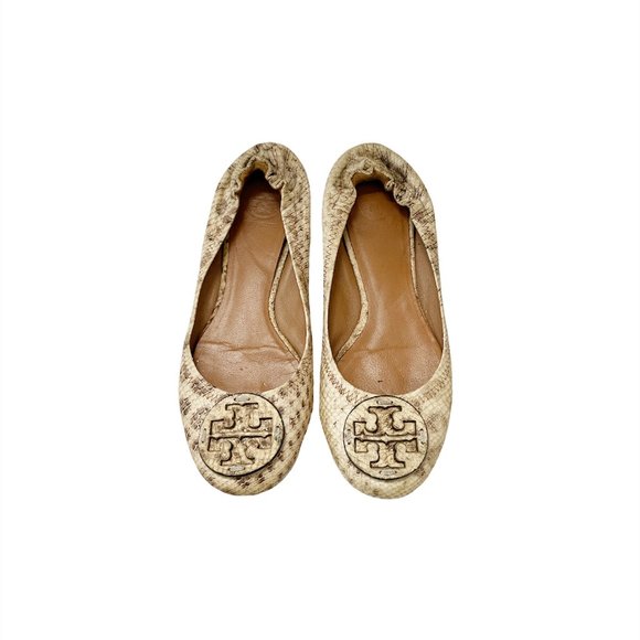 Tory Burch Reva Snake Embossed Leather Flats - Picture 2 of 9